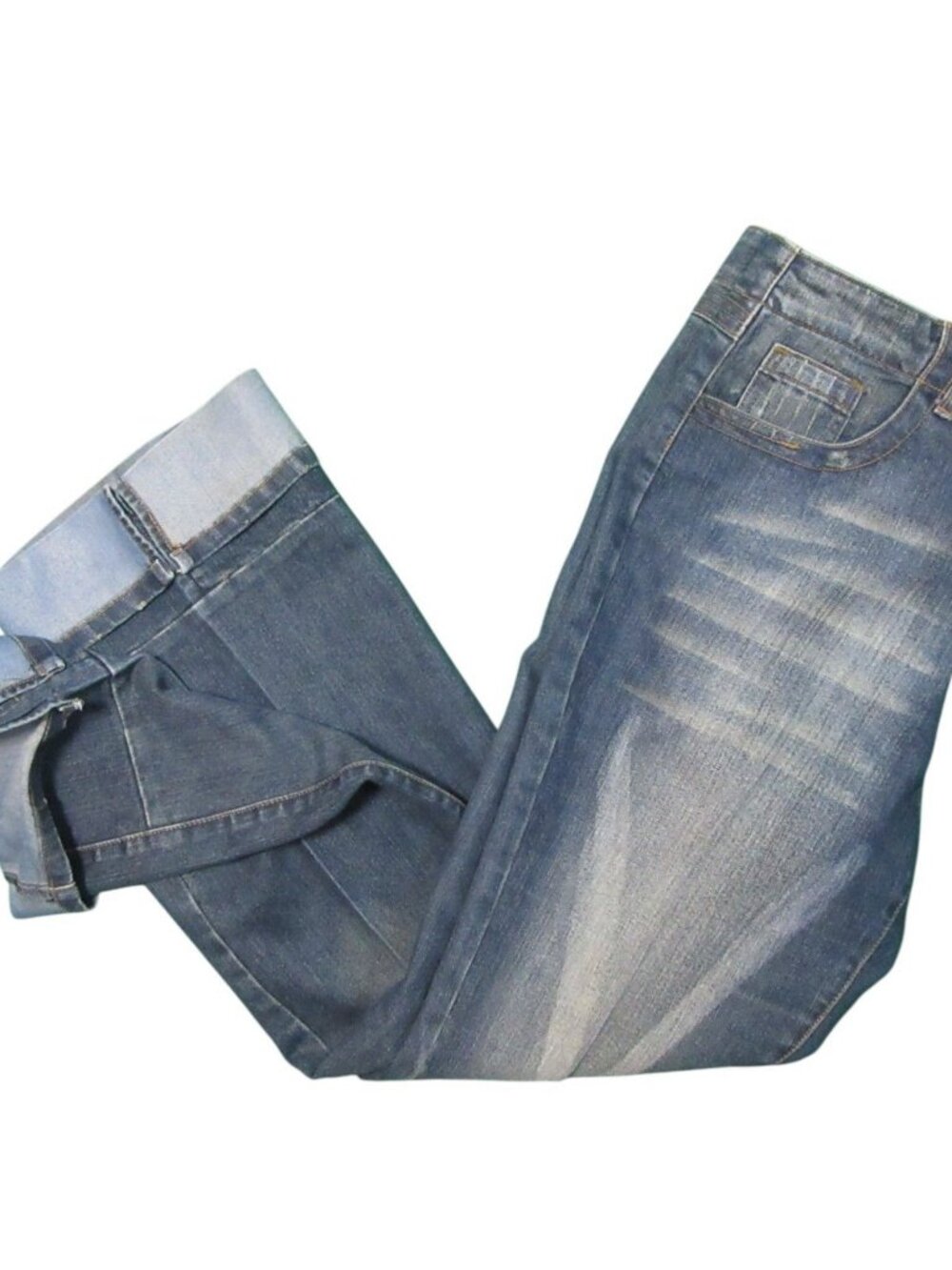 Apollo Jeans Women 17/18 Blue Flare Cuffed Wide Hem Medium Wash Stretch Y2K